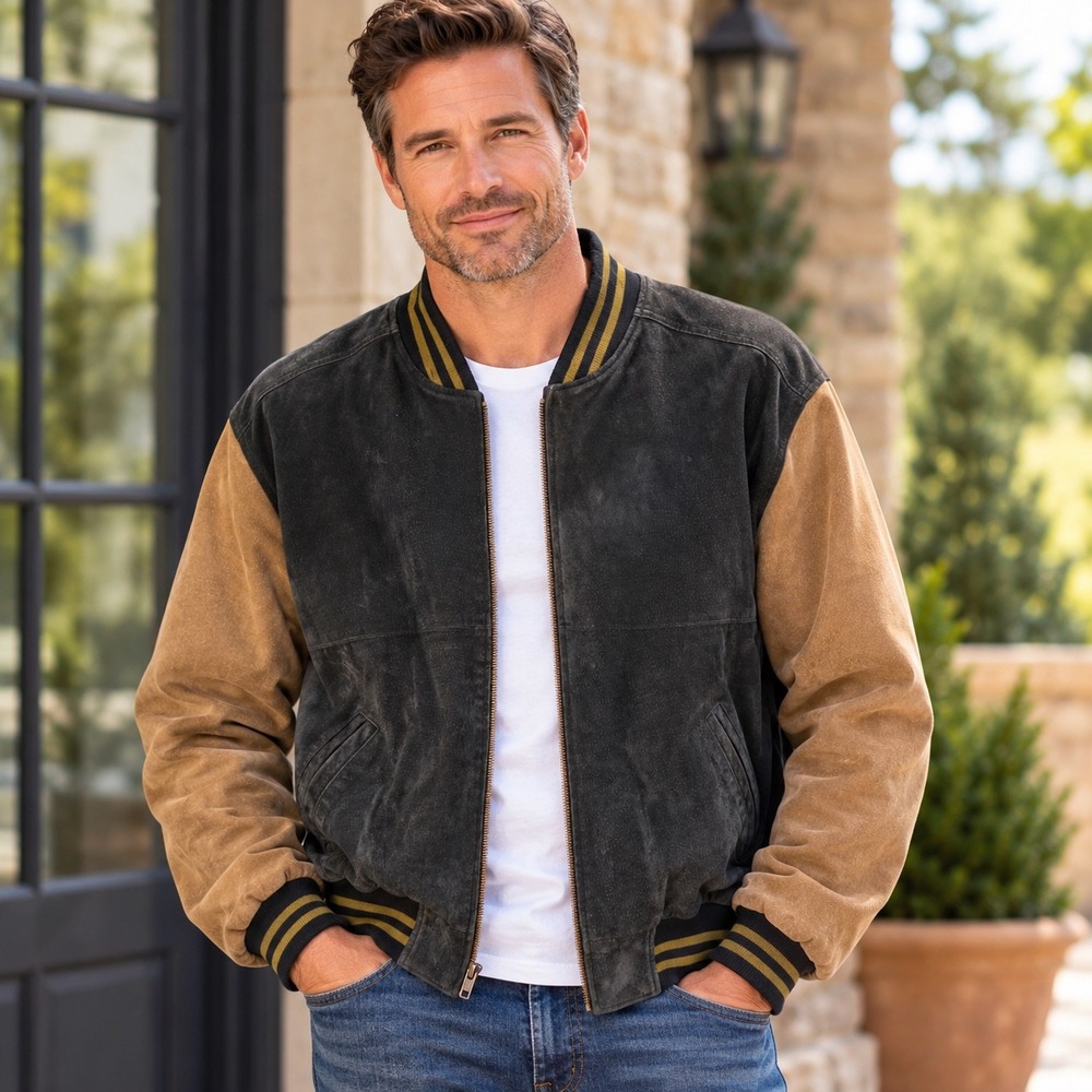 Free Country VTG Mens Large Suede Leather Bomber Jacket Black Tan Varsity